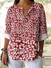 voordelige Bloemen tops-Dames Overhemd Bloemig Grafisch Elegant Casual Lange mouw V-hals Normale tops Dagelijks Feestdagen Afdrukken Rood blauw Zomer Lente