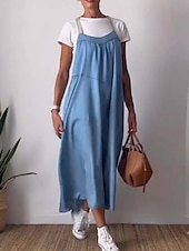 economico disegnare abiti in cotone e lino-Maxi abito da donna abito estivo abito a sottoveste casual quotidiano vestibilità regolare grafico in lino simile senza maniche spalline nere bianche blu khaki estate