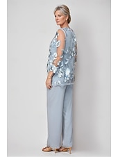 abordables Costumes-pantalons pour maman-tailleur pantalon bleu jaune 3 pièces robe mère de la mariée élégant col rond longueur au sol mousseline manches longues cache-cœur inclus avec broderie en dentelle 2025