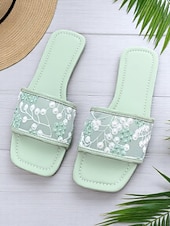 cheap Slide Sandals-Women's White Embroidered Mesh Slide Sandals – Floral Lace Design, Square Toe, Romantic Beach Style for Summer Vacations and Casual Wear