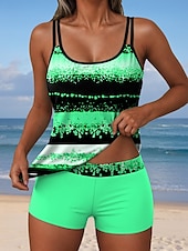 billiga Tankinis-Kvinno Baddräkter Tankini 2 Delar Shorts Baddräkt Rygglöst Semester Strand Kläder Grafisk Geometrisk U-Hals Ärmlösa Badkläder