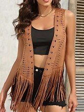 billige Boho topper-Dame Bluse عادي Moderne Fritid Ermeløs V-hals Vanlige topper Daglig Ferie Ut på byen Frynser Svart Brun Kakifarget Sommer