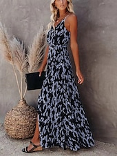 preiswerte Streifen- und geometrische Kleider-Damen Maxikleid A Linie Kleid Unterkleid Urlaub Lässig Boho Outdoor Ausgehen Strand Standard Passform Grafik Geometrisch Ärmellos Spaghettiträger Weiß Leicht Braun Blau Grau Sommer