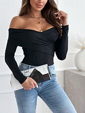 tanie Gładkie bluzki damskie-Damskie Podkoszulek Koszulka Równina Moda Nowoczesny Długi rękaw W serek Zwykłe topy Codzienny Wyjściowe Asymetryczny/a Czarny Biały Lato Wiosna