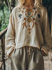tanie Koszule-Damskie Koszule lniane Koszula Boho Nadruk Geometryczny Równina Codzienny Elegancki Podstawowy Długi rękaw Półgolf Zwykłe topy Codzienny Praca Święto Niebieski Biały Khaki Pomarańczowy Wiosna Jesień