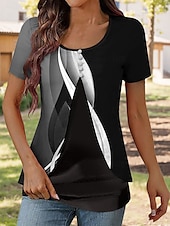 billige Stripe og geometrisk t-skjorte-Dame T skjorte Grafisk Geometrisk Elegant Årgang Stilfull Kortermet Crew-hals Rund hals Vanlige topper Daglig Ut på byen Lapper Knapper Lag-på-lag Svart Sommer Vår
