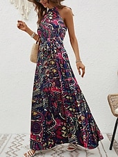 billiga Boho klänningar-Dam Maxiklänning A linjeklänning Off Shoulder Klänning Semester Ledigt Boho Utomhus Utekväll Normal Grafisk Paisley Ärmlös Halterneck Blå Purpur Brun Aprikos Sommar