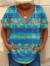 billige Boho t-skjorte-Dame T skjorte Grafisk Geometrisk Årgang Stilfull Klassisk Kortermet V-hals Vanlige topper Daglig Trykt mønster Rosa Blå Lilla Oransje Sommer Vår