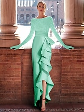 cheap RED-Red Green A-Line Evening Gown Elegant Dress Formal Floor Length Long Sleeve Jewel Neck Satin with Ruffles Slit Masquerade Dress