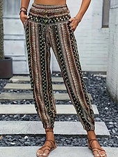 preiswerte weites Bein und hohe Taille-Damen Jogginghose Hosen Hose Urlaub Boho Volle Länge Mittlere Taille Geometrisch Elastischer Bund Atmungsaktiv Bequem Mikroelastisch Straße Alltagskleidung Ausgehen Dunkelbraun Weiß Rot Dunkelgrün