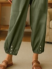 economico Pantaloni in lino e cotone semplici-Per donna Pantaloni in cotone e lino Comfort Chino Lungo Vita Alta Semplice Elastico in vita Fibbia Comodo All&#039;aperto Confortevole Streetwear Abbigliamento quotidiano Uscire Verde militare Estate