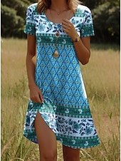 olcso Boho ruhák-Női Mini ruha Pólóruha Nyári ruha Váltó ruha Szabadság Alkalmi Boho Parti Tengerpart Normál Virágos Grafika Törzsi Rövid ujjú Kerek nyakkivágás Sárga Sötétrózsaszín Rubin Medence Nyár Tavasz