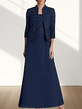 economico Lunghezza del pavimento-Due Pezzi Linea ad A Abito da cerimonia per signora Ospite di nozze Elegante Collo quadrato Lunghezza al pavimento Chiffon Pizzo Manica 3/4 con Pizzo 2025