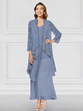 cheap With Jacket-Green Blue Pink Two Piece A-Line Dress Sets Mother of the Bride Dress Elegant Crew Neck Ankle Length Chiffon Long Sleeve Jacket Dresses with Lace Ruffles Tier 2025