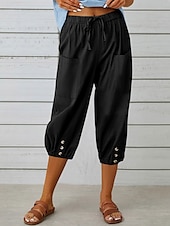 cheap Plain Cotton Linen Pant-Women&#039;s Capri Pants Solid Color Chinos Fashion Ethnic Style Basic Calf-Length High Waist Plain Pocket Drawstring Comfort Outdoor Micro-elastic Vacation Street Daily Black White Khaki Light Blue
