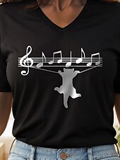 abordables T-shirt Humor &amp; Citations-Femmes Chemisier Graphique Chat Lettre ancien Élégant Classique Manche Courte Col en V Hauts Réguliers Quotidien Sortir Tenue de plage Imprimé Noir Blanche Été Printemps