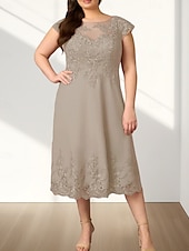 abordables Longueur du thé-Robe Mère de la Mariée A-Line Invité de Mariage Élégante Col Ronde Mi-Longue en Chiffon À Manches Courtes avec Appliques Robe Midi 2025