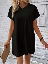 preiswerte Weißes Kleid-Damen Mini Kleid T-Shirt Kleid Tee Kleid einfarbig Sommer Kleid lässig täglich reguläre Passform Grafik Kurzarm V-Ausschnitt Schwarz Rot Olivgrün Aprikose Sommer