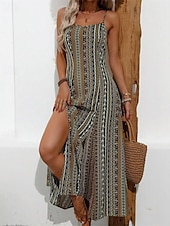 abordables Robe Boho-Femmes Robe Midi Robe Décontractée Robe d&#039;été Robe Nuisette Robe bohème Élégant Mode Moderne Quotidien Plage Week-end Coupe régulière Rayé Sans manches Col en V Rouge Vert Été