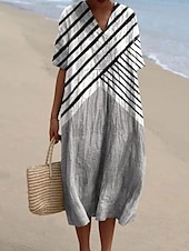 billige Stripete og geometriske kjoler-Dame Midikjole Solkjole Kjole med A-linje Ferie Fritid Strandstil Fest Ut på byen Strand Løstsittende Grafisk Geometrisk Kortermet V-hals Hvit+Svart Mørkebrun Aske Sommer Vår