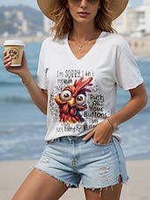 abordables T-shirt Humor &amp; Citations-Femmes Chemisier Graphique Coq Lettre ancien Élégant Classique Manche Courte Col en V Hauts Réguliers Quotidien Sortir Tenue de plage Imprimé Noir Blanche Été Printemps