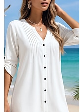 رخيصةأون ملابس علوية للشاطئ-نسائي ملابس السباحة تغطية الجسم فستان السباحة ملابس السباحة Buttons استوائي ملابس الشاطئ سهل دوران رقبة حرف V دائري كم طويل بدلة سباحة