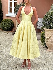 ieftine Casual / Nuntă de zi-Rochie A-line Rochie Jacquard Rochie Semi-formală Rochie cocktail Lungime midi Fără mâneci Guler halter Fundiță Spate descoperit cu detaliu cu dantelă Rochie pentru invitați la nuntă