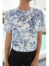 billige Blomster t-skjorte-Dame T skjorte Blomstret Moderne Fritid Kortermet Crew-hals Vanlige topper Daglig Helg Trykt mønster Hvit Sommer