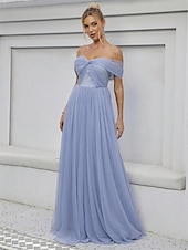 baratos Vestidos para Madrinhas-Linha A Vestido de Madrinha Ombro a Ombro Sem Manga Elegante Longo Tule com Cor Única 2022