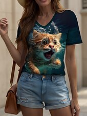 ieftine Tricou cu animale-Pentru femei Tricou Grafic Animal Pisica Epocă Stilat Clasic Manșon scurt În V Topuri obișnuite Zilnic Imprimeu Trifoi Vară Primăvară