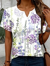 billige Blomster t-skjorte-Dame T skjorte Blomstret Grafisk Planter Årgang Stilfull Klassisk Kortermet Hals med hakk Vanlige topper Daglig Helg Trykt mønster Lilla Sommer Vår