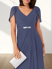 cheap Wedding Guest Dresses-A-Line Wedding Guest Dresses Elegant Dress Wedding Guest Engagement Floor Length Short Sleeve V Neck Chiffon with Ruched Beading Slit