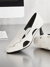 billiga Pumps med låg klack-damklackar med fyrkantig tå – artistiska pumps i konstläder med klack för kattungar för kreativa arbetsplatser