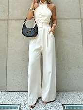cheap Sets-Women&#039;s Normal Two Piece Sets Streetwear Solid Color Sleeveless Straight Halter Neck Pocket Street Daily Regular Fit White Summer