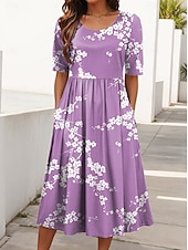 preiswerte Blumenkleid-Damen Midikleid Sommerkleid Faltenkleid Urlaub Lässig Strand Täglich Ferien Normale Passform Blumen Grafik Kurzarm Rundhalsausschnitt Blau Purpur Grün Sommer