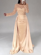 cheap CHAMPAGNE-Mermaid Sequin Evening Gown Ruched Champagne Satin Dress Long Sleeves Masquerade Floor Length Illusion Neck with Pearls Overskirt dress 2025
