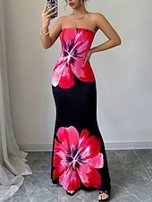 cheap Elegant Floral Dresses-Women&#039;s Long Dress Maxi Dress Prom Dress Bodycon Summer Dress Elegant Fashion Party Holiday Date Regular Fit Flower Sleeveless Strapless Red Blue Summer Spring