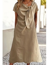 abordables concevoir des robes en coton et lin-Femmes Robe Midi Robes inspirées du lin Robe en coton et lin Mode Classique Extérieur Fête Week-end Coupe régulière Uni Manche Courte Col ras du cou Jaune Orange Vert Kaki Été
