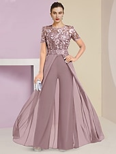 cheap Mom&#039;s Jumpsuits-Beach Wedding Jumpsuit / Pantsuit Mother of the Bride  Wedding Guest Elegant Jewel Neck Ankle Length Stretch Chiffon Short Sleeve with Lace Pleats free custom size
