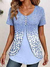 abordables T-shirt floral-Femmes T-shirt A Ombre Graphique Léopard Élégant ancien Classique Manche Courte Col ras du cou Col rond Hauts Réguliers Quotidien Sortir Patchwork Boutons À Étages Rose Claire Bleu clair Été Printemps