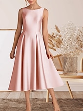 abordables Robes de cocktail-Robe cocktail A-Line élégante robe de retour à la maison cocktail party longueur thé sans manches col rond satin avec plis