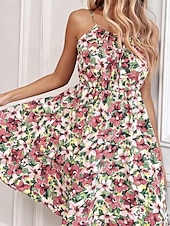 ieftine Rochii florale-Pentru femei Rochie Mini Rochie A line Rochie halter Casual În aer liber Ieșire Plajă Fit regulat Floral Fără manșon Gâtul halter Negru Roz Îmbujorat Bleumarin Portocaliu Vară