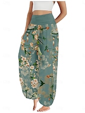 billiga Grafisk linnebyxa i bomull-Dam Linneinspirerade byxor Brett skaft Byxor Etnisk Stil Ledigt Boho Fullängd Hög midja Blommig Ficka Elastisk midja Tryck Mateial som andas Mjuk Microelastisk Utomhus Yoga Flodblå Blå Grön Beige