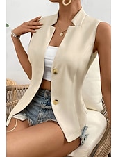 billige Enkel tank topp-Dame linskjorte Bluse Bomull lin vest عادي Fritid Ermeløs V-hals Vanlige topper Daglig Ut på byen Knapper Svart Hvit Champagne Sommer