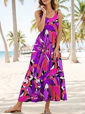 preiswerte Streifen- und geometrische Kleider-Damen Midikleid Freizeitkleid Sommerkleid A Linie Kleid Schulterfreies Kleid Urlaub Lässig Normale Passform Grafik Geometrisch Abstrakt Ärmellos U-Ausschnitt Rundausschnitt Rote Blau Purpur Grün