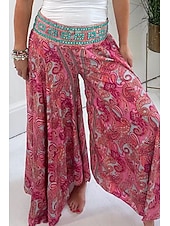 abordables jambe large et taille haute-Femmes Slacks Pantalons Occasionnel Longueur complète Naturel Fleur Taille Élastique Impression Extérieur Confortable Rue Sortir Magenta Vert Été Coupe régulière