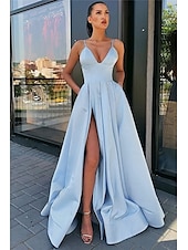 cheap Prom Dresses-A-Line Prom Dresses Black Dress Dress Wedding Guest Prom Sweep / Brush Train Sleeveless Spaghetti Strap Satin with Pleats Split Front Masquerade Dress 2025