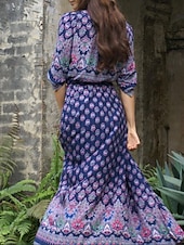cheap Boho Dress-Women&#039;s Maxi Dress A Line Dress Casual Party Beach Regular Fit Graphic 3/4 Length Sleeve V Neck Pink Blue Green Summer Spring