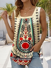 billige Boho tank topp-Dame Camisole Tank Top Grafisk Geometrisk Stilfull Fritid Ermeløs Firkantet hals Vanlige topper Daglig Ferie Ut på byen Rynket Broderi Trykt mønster Gul Sommer Vår