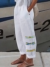 preiswerte Gerade geschnittene Hose-Damen Baumwoll-Leinen Hosen Baggy Hosen Leinenähnlich Strandshorts Urlaub Vintage Fashion Vollständig Hohe Taille Grafikdruck Atmungsaktiv Weich Mikroelastisch Formal Urlaub Straße Weiß Sommer
